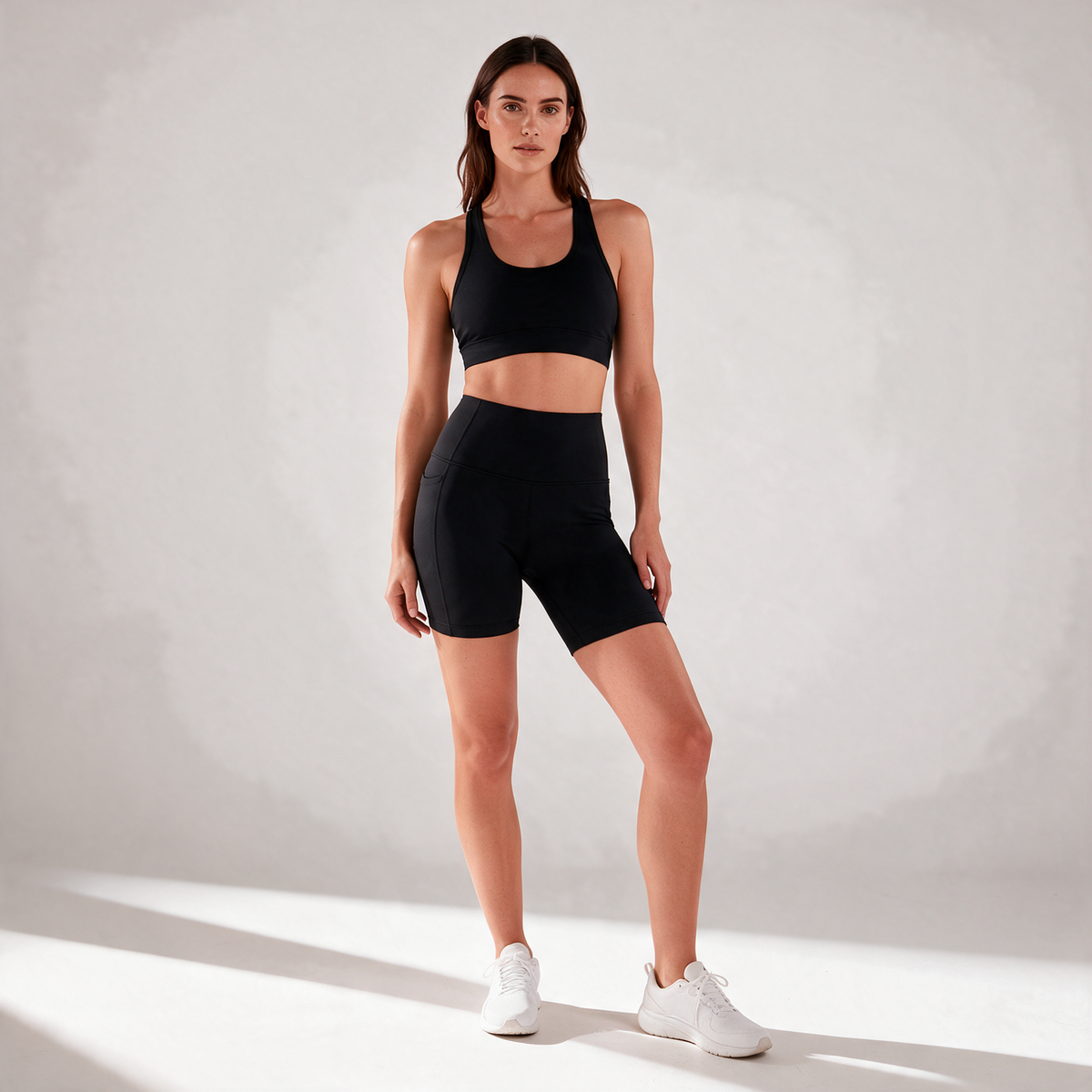 Organic Stretch Biker Shorts with Pockets in Black — editorial front