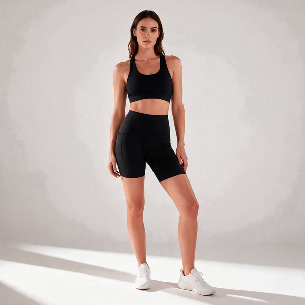 Organic Stretch Biker Shorts with Pockets in Black — editorial front