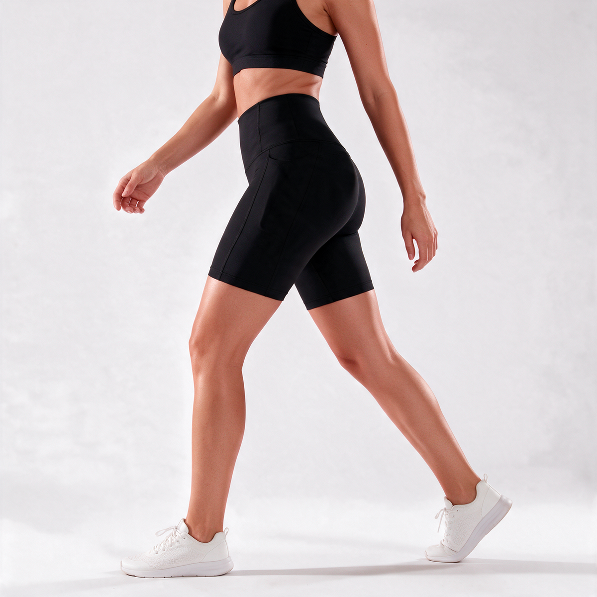 Organic Stretch Biker Shorts with Pockets in Black — three-quarter