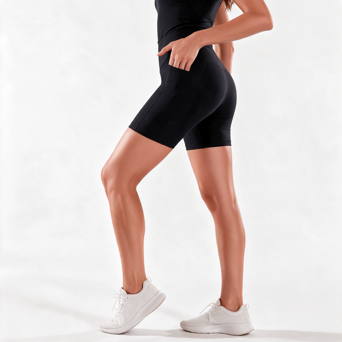Organic Stretch Biker Shorts with Pockets in Black — side pocket