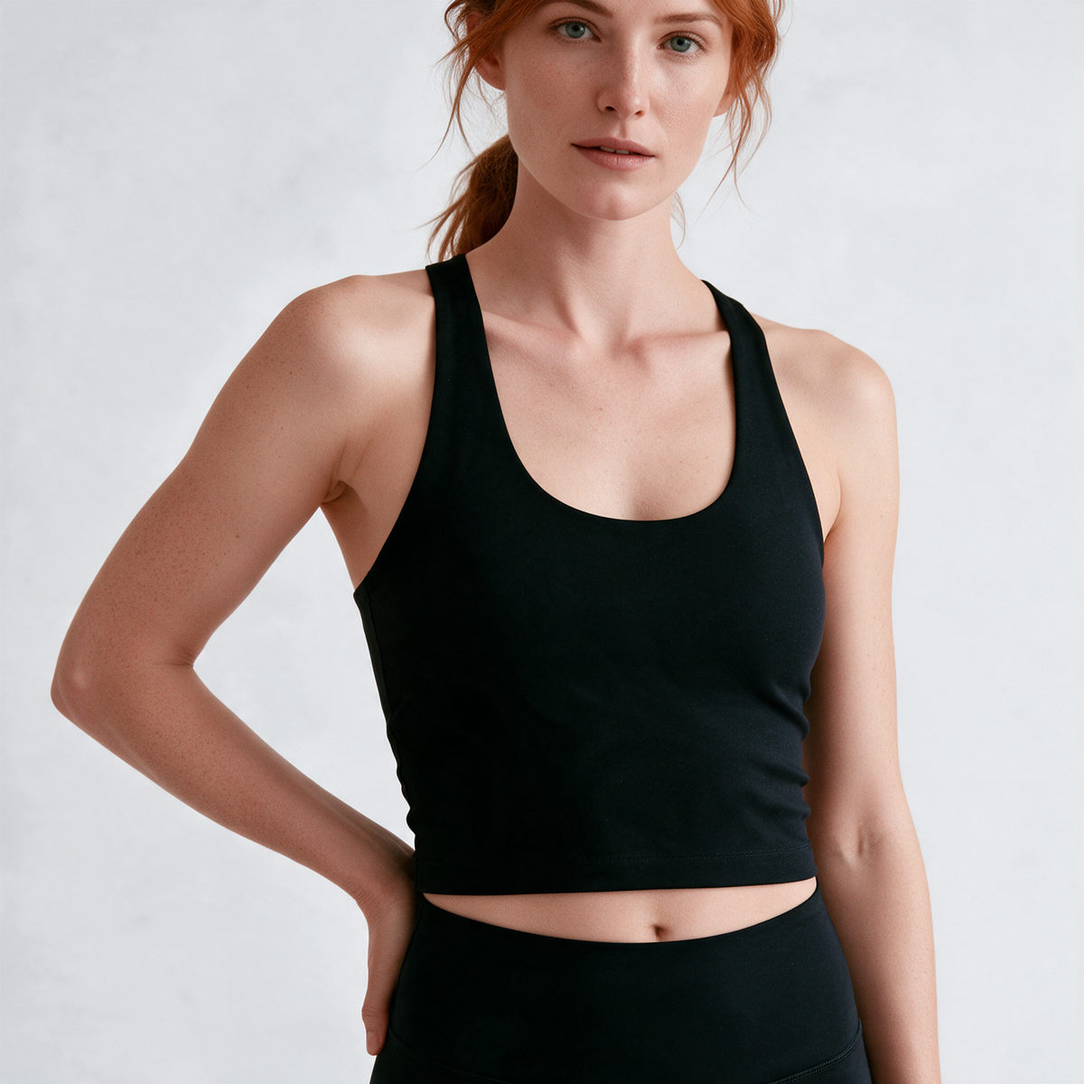 Natural Crop Racer Tank in Black — close tank detail