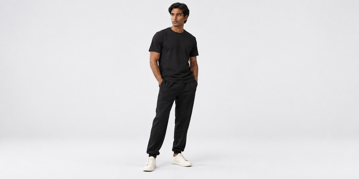 M.A.N.A collection men editorial photograph on a greyish-white studio background.