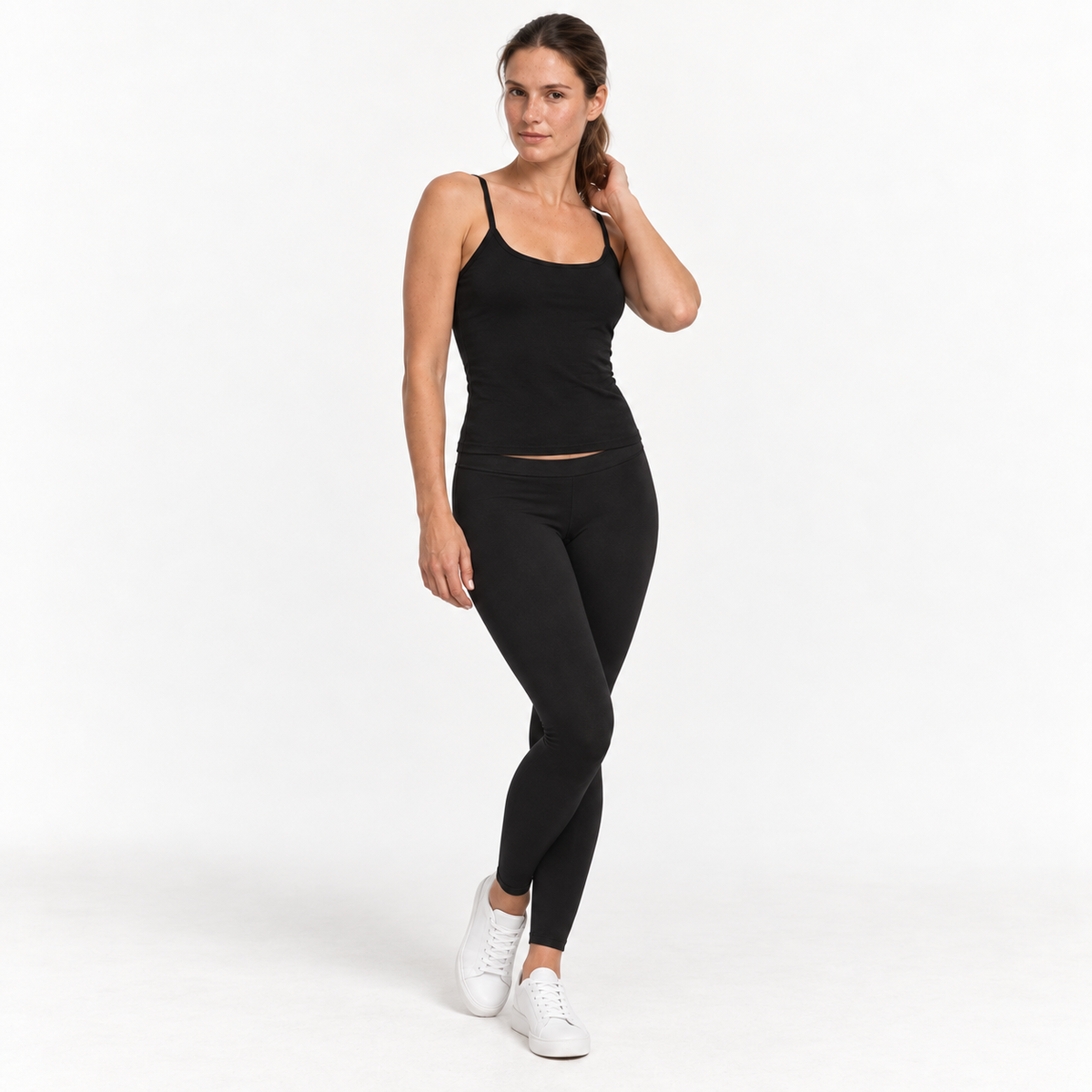 M.A.N.A black camisole and leggings — relaxed standing model