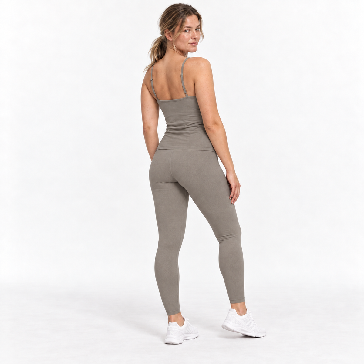Natural Camisole with Bra in Pebble — rear construction and strap adjusters