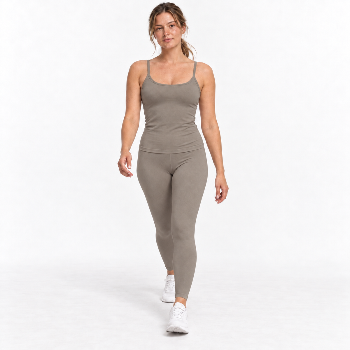 Natural Camisole with Bra in Pebble — natural walking pose