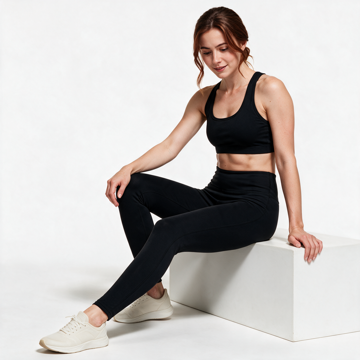 Natural Performance Full Length Leggings in Black — seated editorial