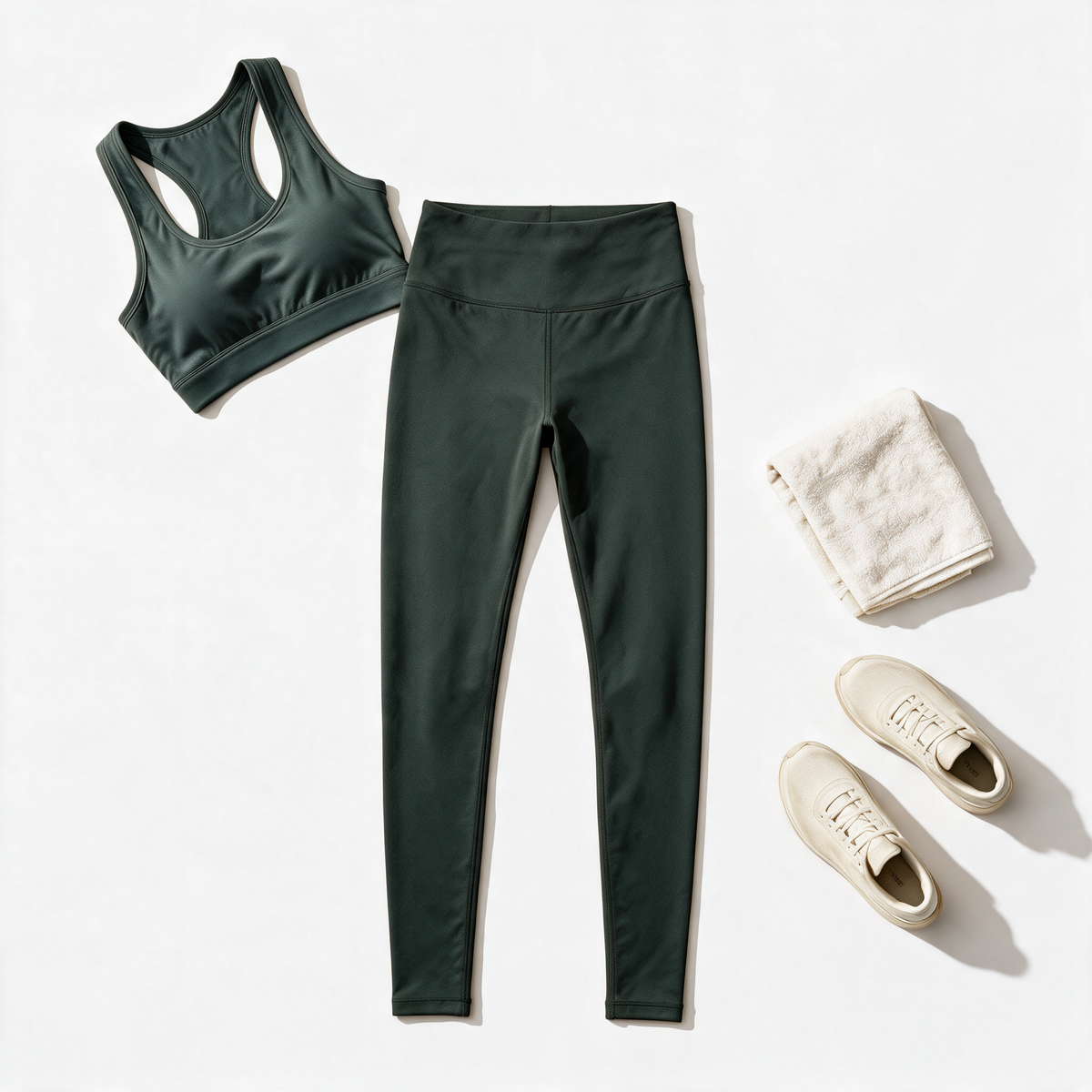 Natural Performance Full Length Leggings in Olive Green — matching set flat lay