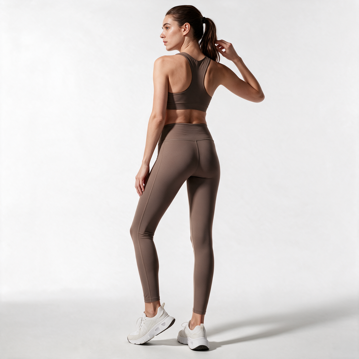 Natural Performance Full Length Leggings in Pebble — rear three-quarter view