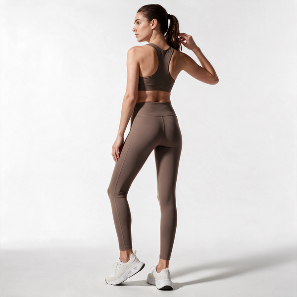 Natural Performance Full Length Leggings in Pebble — rear three-quarter view