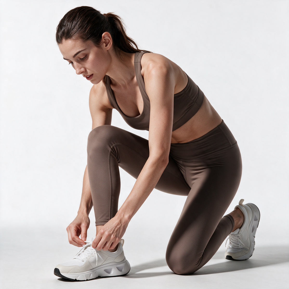 Natural Performance Full Length Leggings in Pebble — kneeling lace-up pose