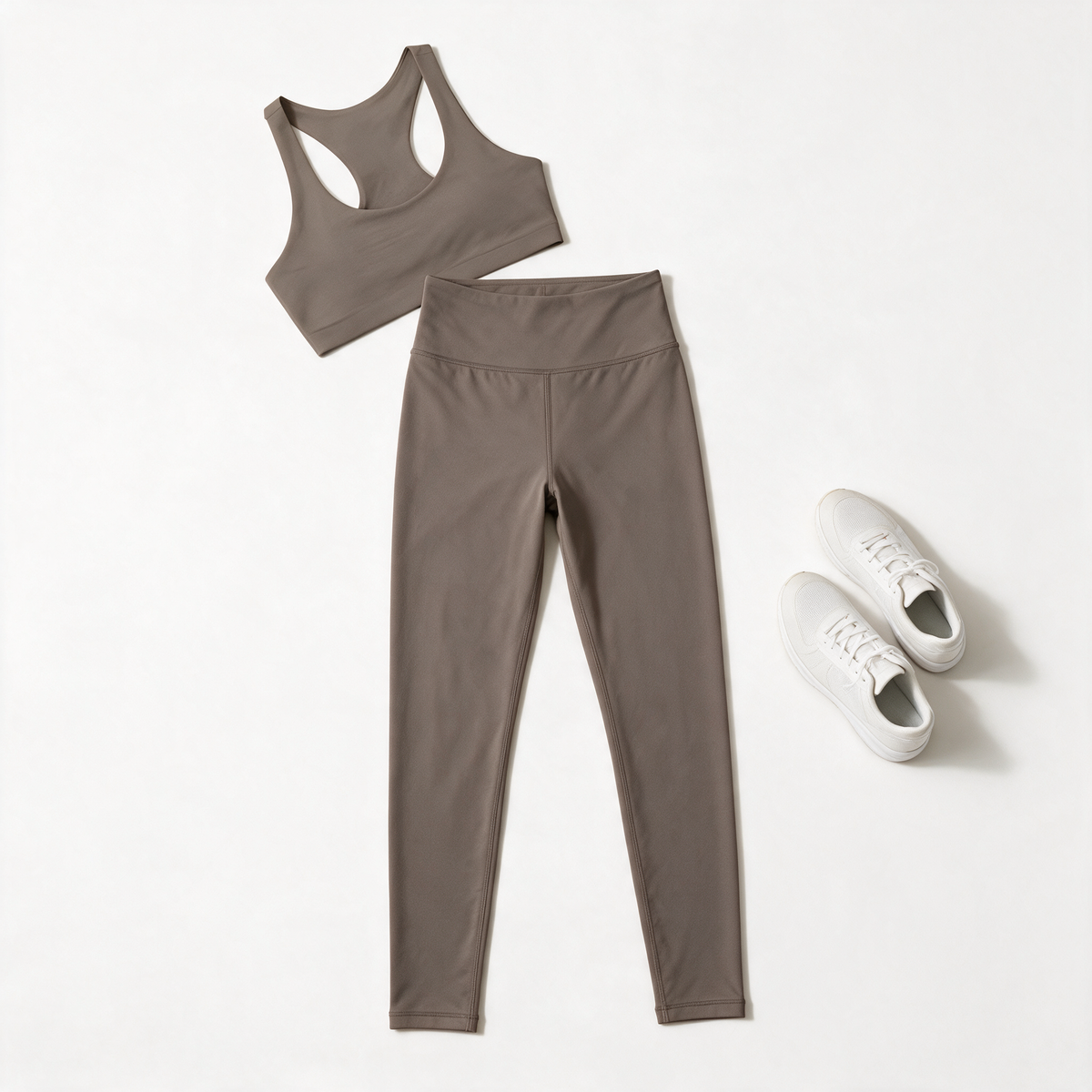 Natural Performance Full Length Leggings in Pebble — matching set flat lay