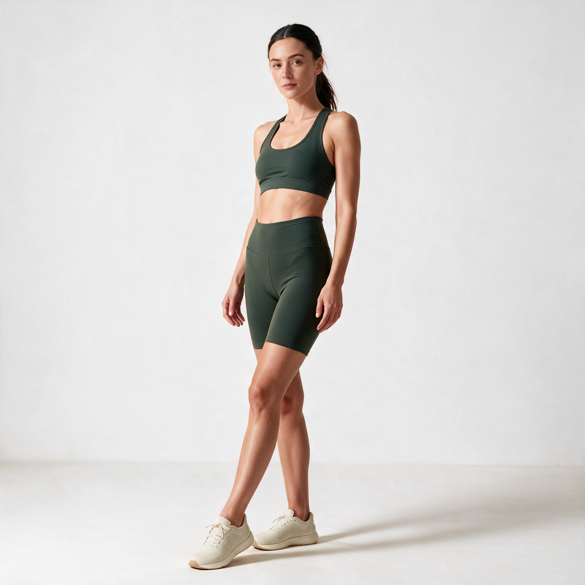 Organic Stretch Cycling Shorts in Olive Green — view 1