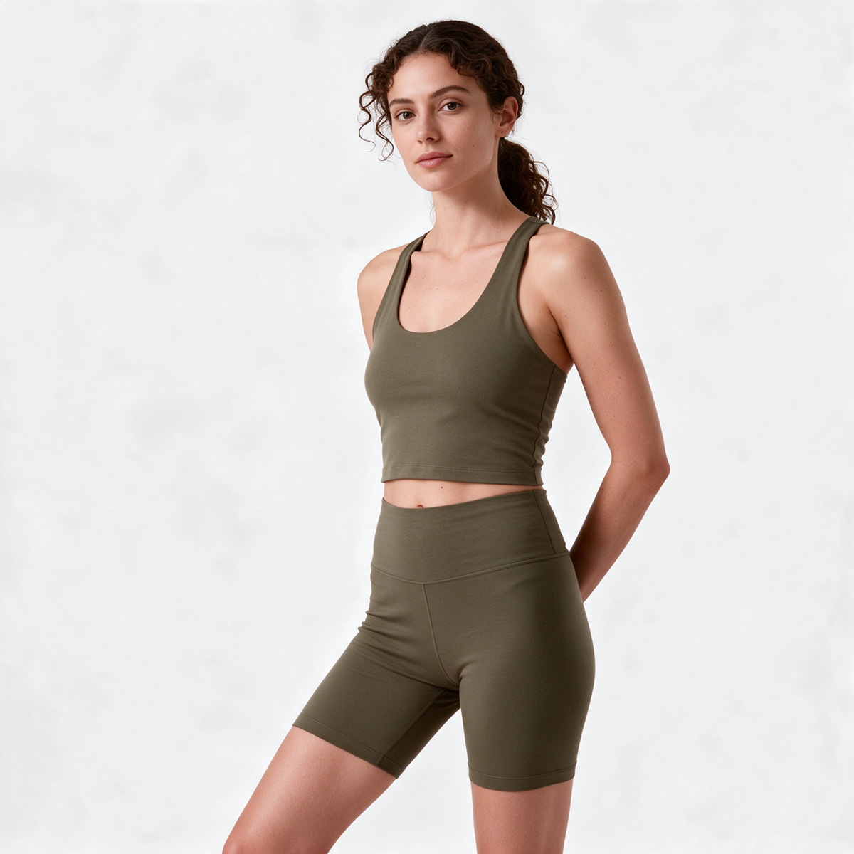 Natural Crop Racer Tank in Olive Green — hero