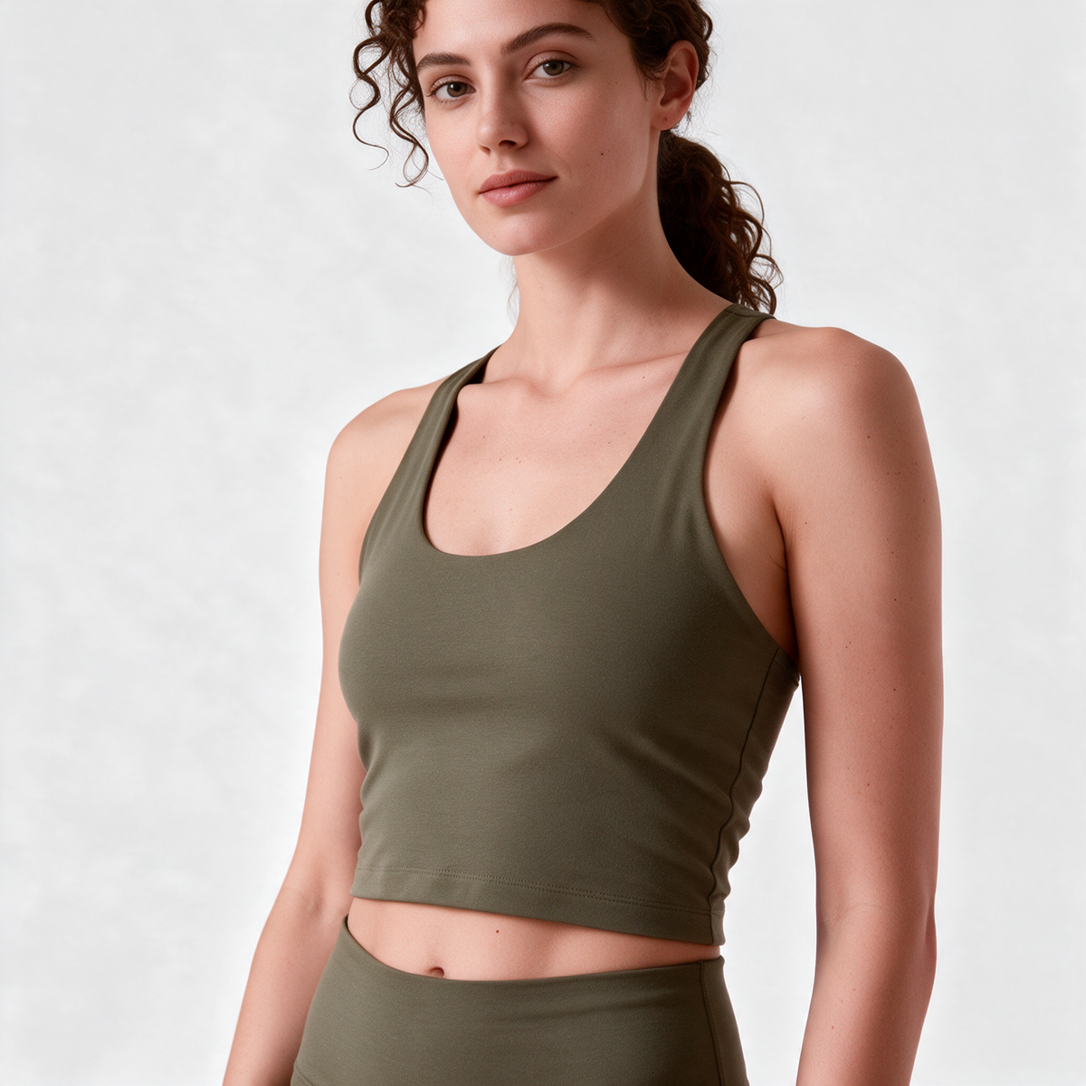 Natural Crop Racer Tank in Olive Green — front fit
