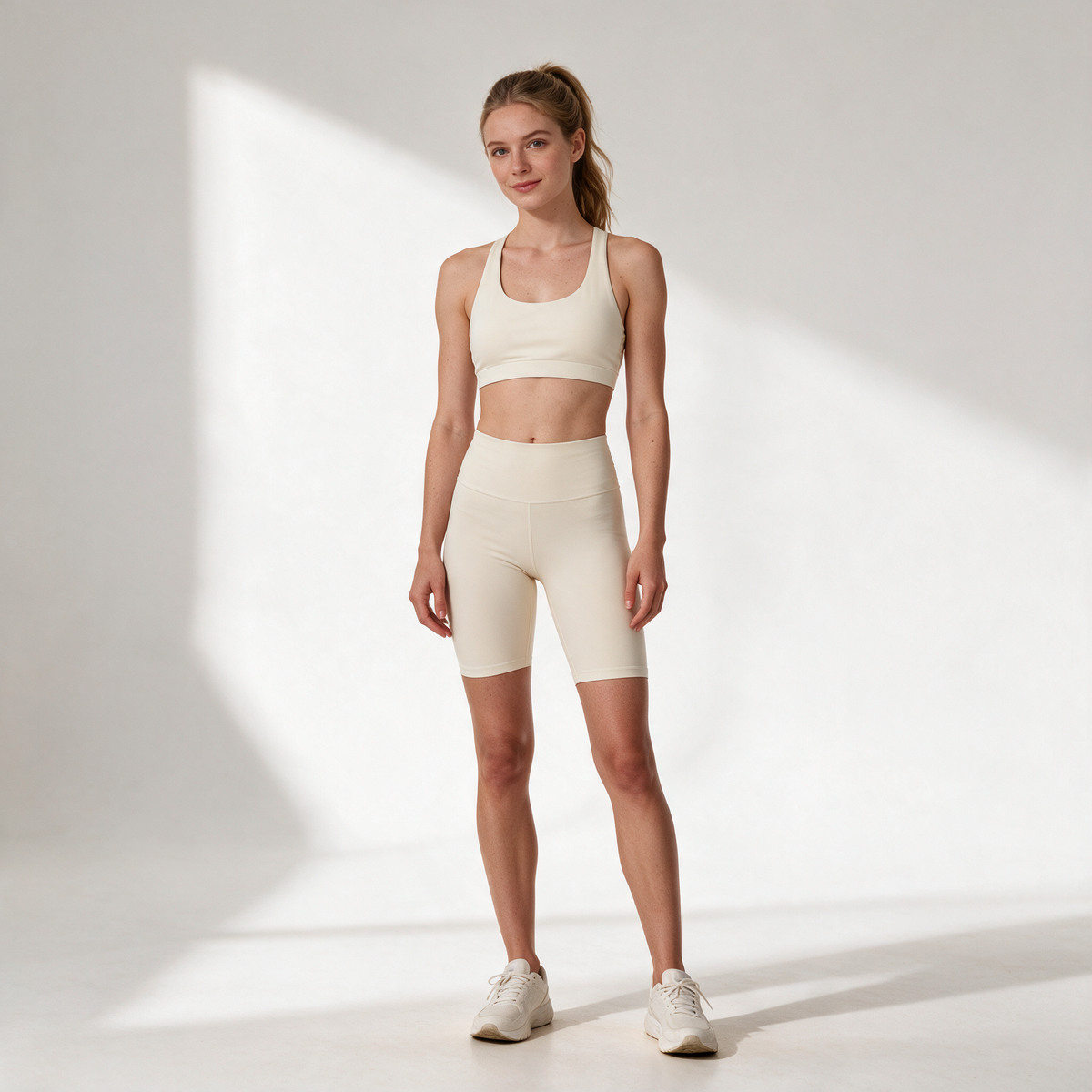 Organic Stretch Cycling Shorts in Cream — front hero