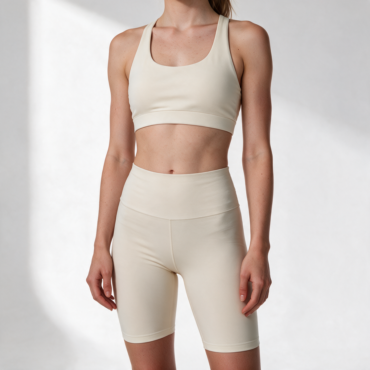 Organic Stretch Cycling Shorts in Cream — fit and waistband detail