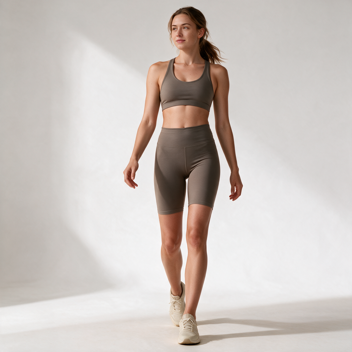 Organic Stretch Cycling Shorts in Pebble — natural walking view