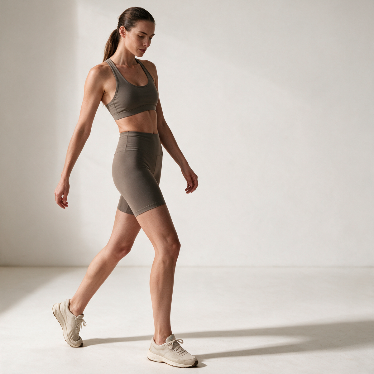 Organic Stretch Biker Shorts in Pebble — turning movement