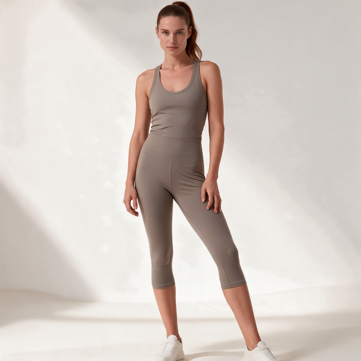 Natural Midi Pants in Pebble — three-quarter view