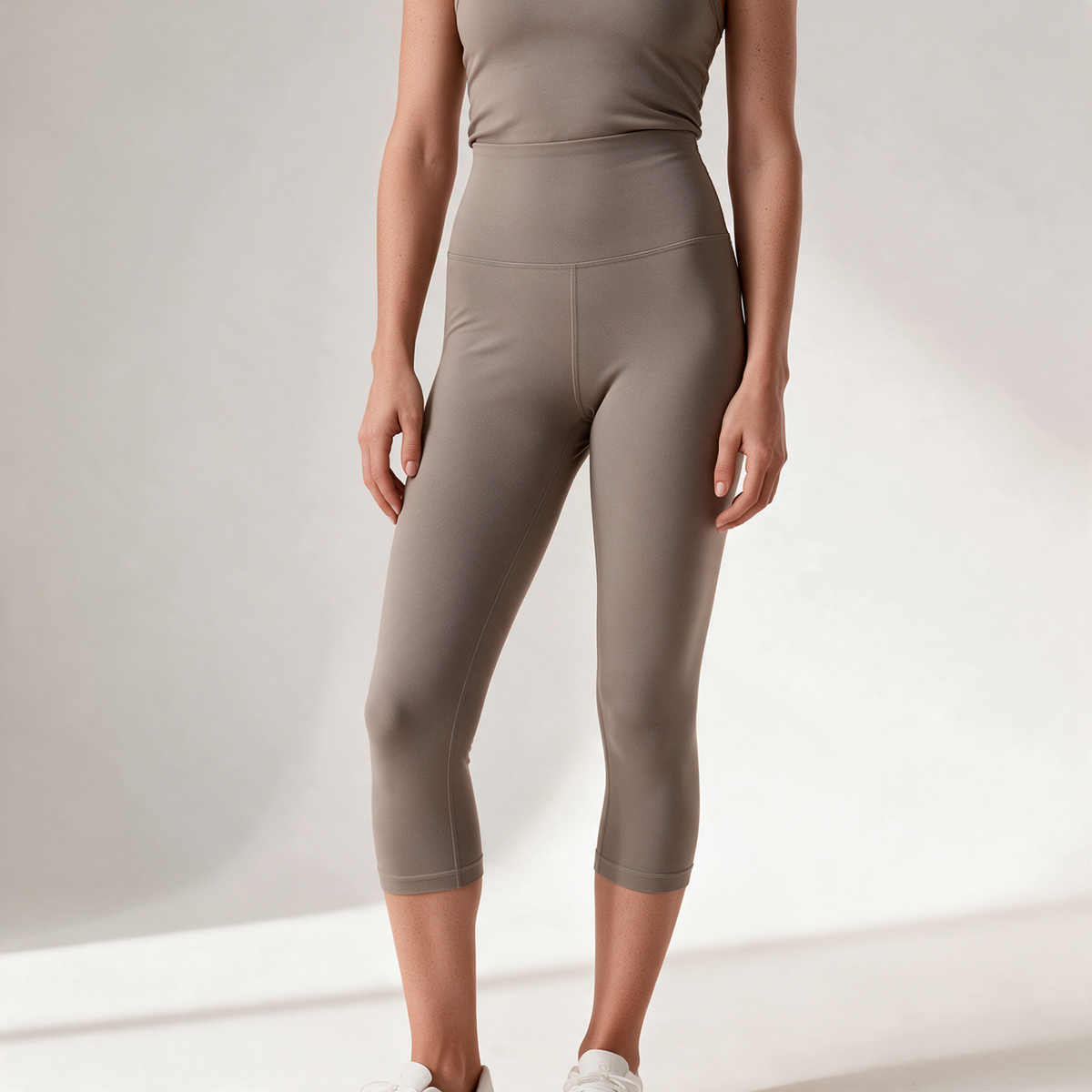Natural Midi Pants in Pebble — waistband and midi hem detail