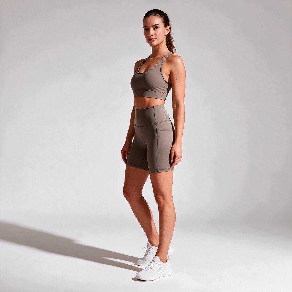 Organic Stretch Biker Shorts with Pockets in Pebble — front