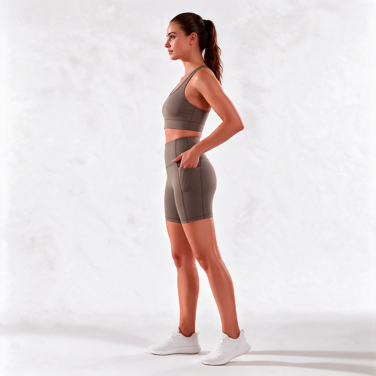 Organic Stretch Biker Shorts with Pockets in Pebble — side pocket