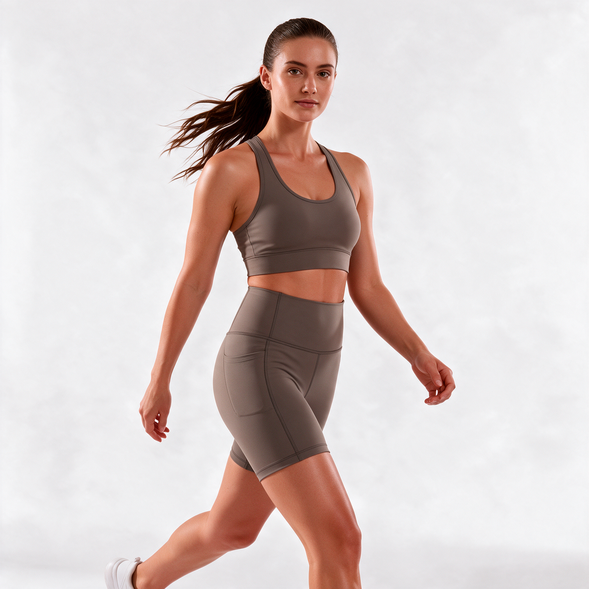 Organic Stretch Biker Shorts with Pockets in Pebble — movement