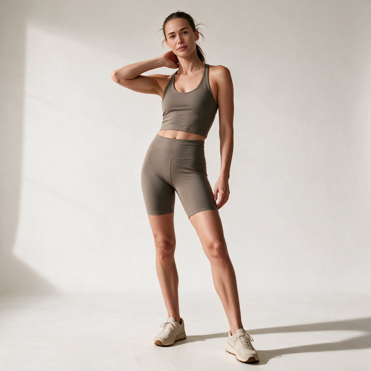 Natural Crop Racer Tank in Pebble — front hero